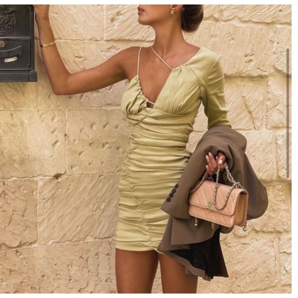 Linen Blend Asymmetric ZARA Olive Green Dress Short Draped Size XS